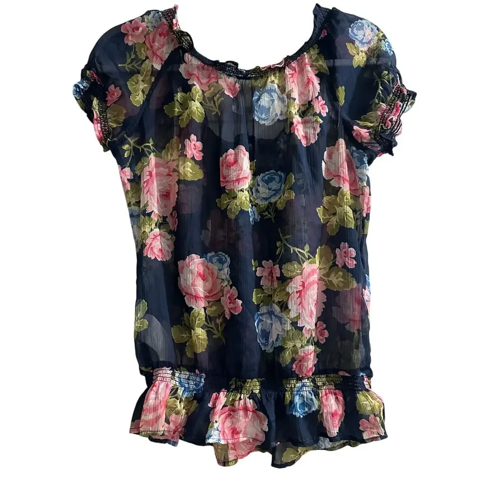 Abercrombie & Fitch Floral Chiffon Blouse M Navy Pink Ruffle Coquette Y2K